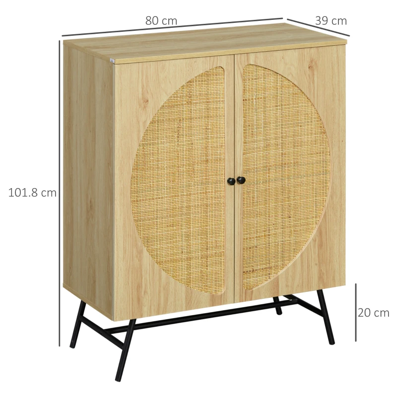 HOMCOM Credenza in Stile Boho con 2 Ante in Legno e Rattan, 80x39x101.8cm Naturale