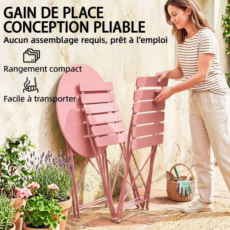 Outsunny Ensemble Bistrot de Jardin 3 Pièces Table et 2 Chaises Pliantes à Lattes Double Protection Antirouille Rose