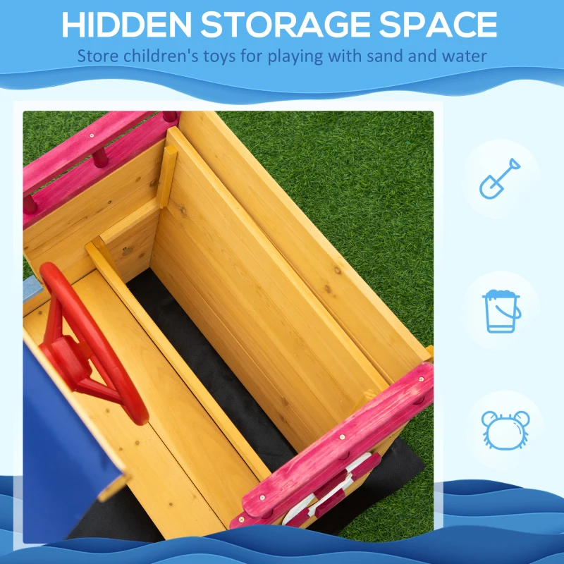 Outsunny Sand Pit, Kids Wooden Sandbox Pirate Ship, Sandboat Play Station with Canopy Shade, Storage Bench and Bottom Liner for Outdoor Garden