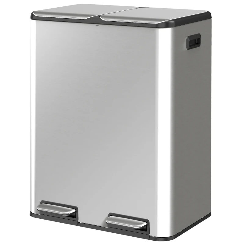 HOMCOM 2 x 30L Double Kitchen Bin, Stainless Steel Pedal Rubbish Bin with Dual Compartments, Soft Close Lids, Silver Tone