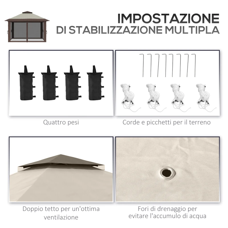 Outsunny Gazebo Pieghevole 4x4 m ad Altezza Regolabile con Zanzariera e Borsa, in Metallo e Tessuto Oxford Beige
