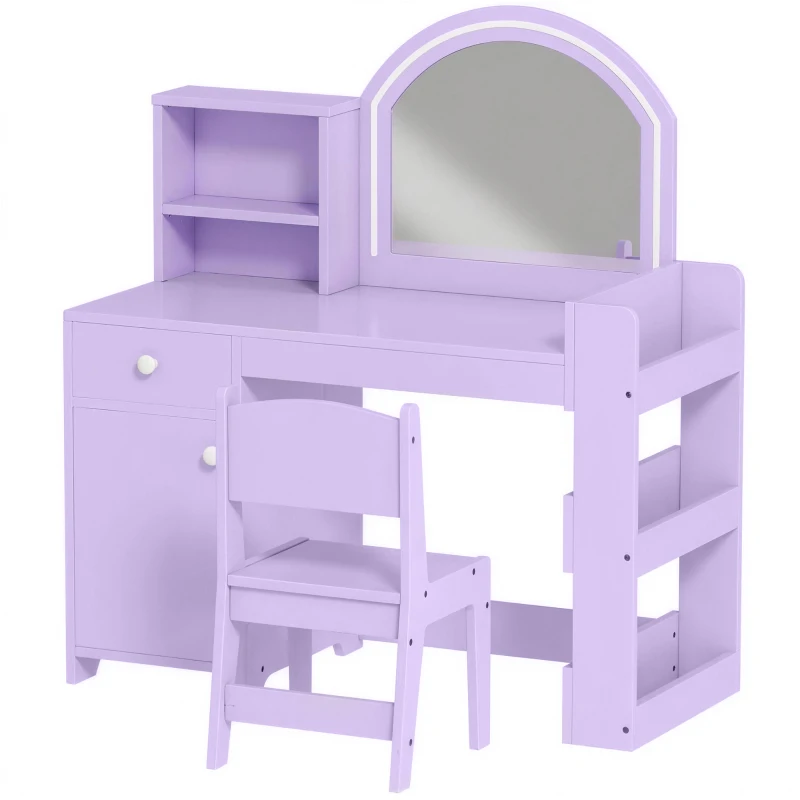 AIYAPLAY Kids Vanity Table and Chair Set, Kids Vanity Table with 2-Colour LED Mirror, Stool, Cabinet, Drawer, Shelves, Purple
