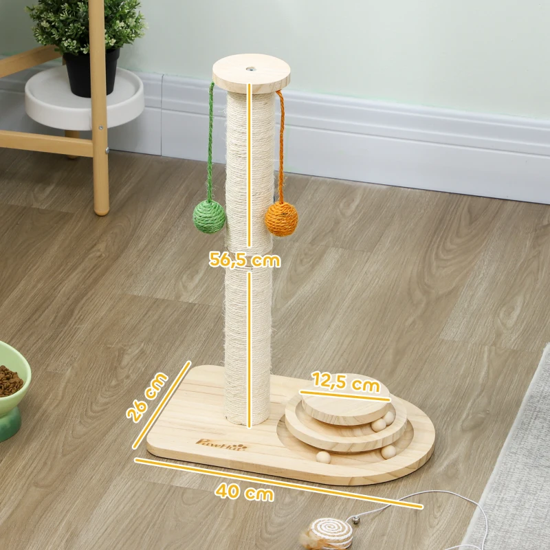 PawHut Poste Rascador para Gatos Altura 56,5 cm con 3 Bolas Colgantes Juguete de Pelota de Pista Madera Natural