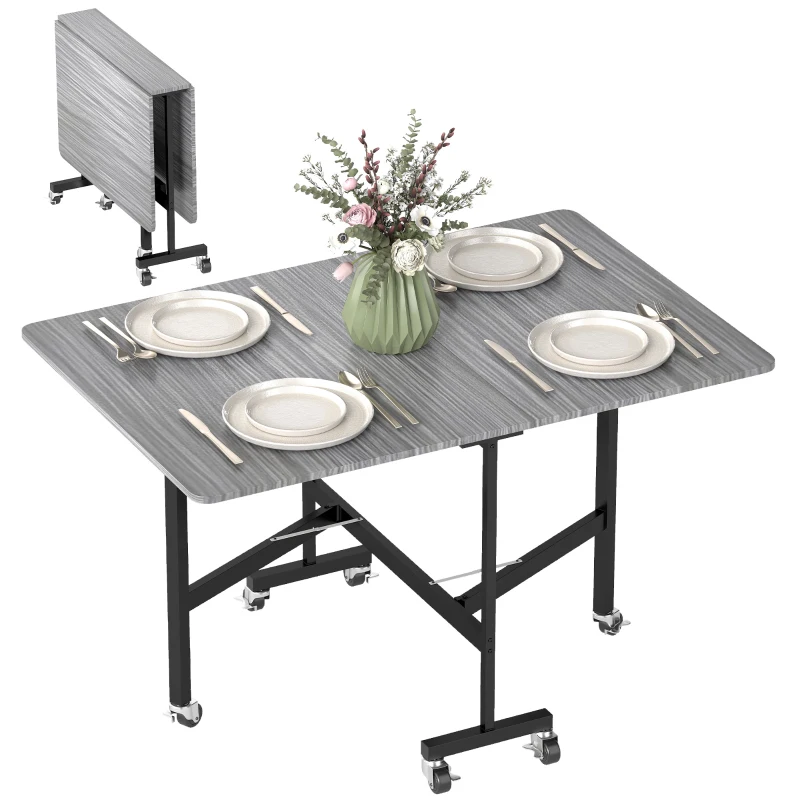 HOMCOM Table à Manger Pliante sur Roulettes pour 4-6 Personnes 120 cm, Roues avec Freins, 2 Abattants, Style Industriel, Gris