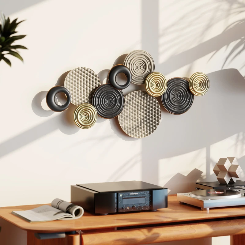 HOMCOM Décoration murale en métal, sculpture murale en métal, design unique à plusieurs disques, 100 x 50 cm, kaki et noir