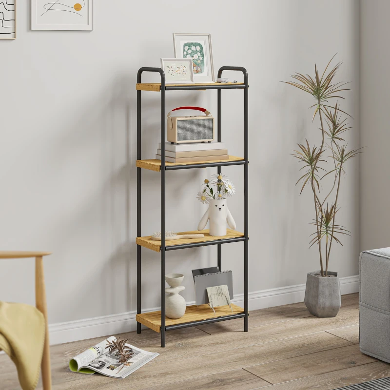 HOMCOM 4-Tier Bamboo Bathroom Storage Shelf, Freestanding Narrow Shelving Unit with Slatted Shelves for Kitchen Bathroom Living Room, 41.5 x 21.5 x 106 cm, Natural and Black