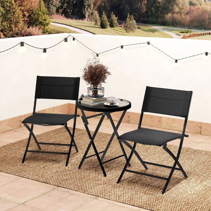Outsunny 3 Pieces Outdoor Bistro Set, Glass Top Outdoor Table and 2 Folding Chairs with Protecting Feet, Black