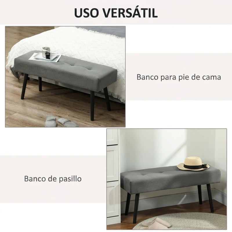 HOMCOM Banco Pie de Cama Tapizado en Pana con Asiento Acolchado Diseño Capitoné y Patas de Acero para Dormitorio Gris