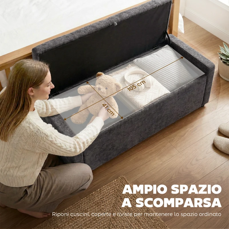HOMCOM Cassapanca 142L Pouf Contenitore, Seduta Ampia Imbottita, in Lino, Capacità 200 kg, Grigio Scuro