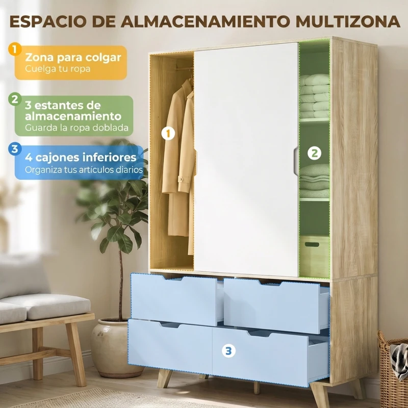 HOMCOM Armario Dormitorio Moderno con Puertas Correderas Barra para Colgar Estantes Ajustables y 4 Cajones Roble y Blanco