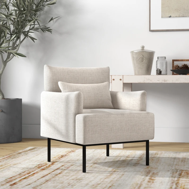 HOMCOM Poltrona Moderna d'Arredo con Cuscino Extra, in Tessuto Effetto Lino e Acciaio, 73x81x82 cm, Bianco Crema