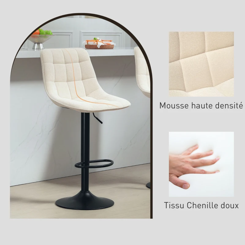 HOMCOM Lot de 2 tabourets de bar, chaises de bar en chenille hauteur réglable avec dossier pivotant 360° 47x48x117,5cm beige