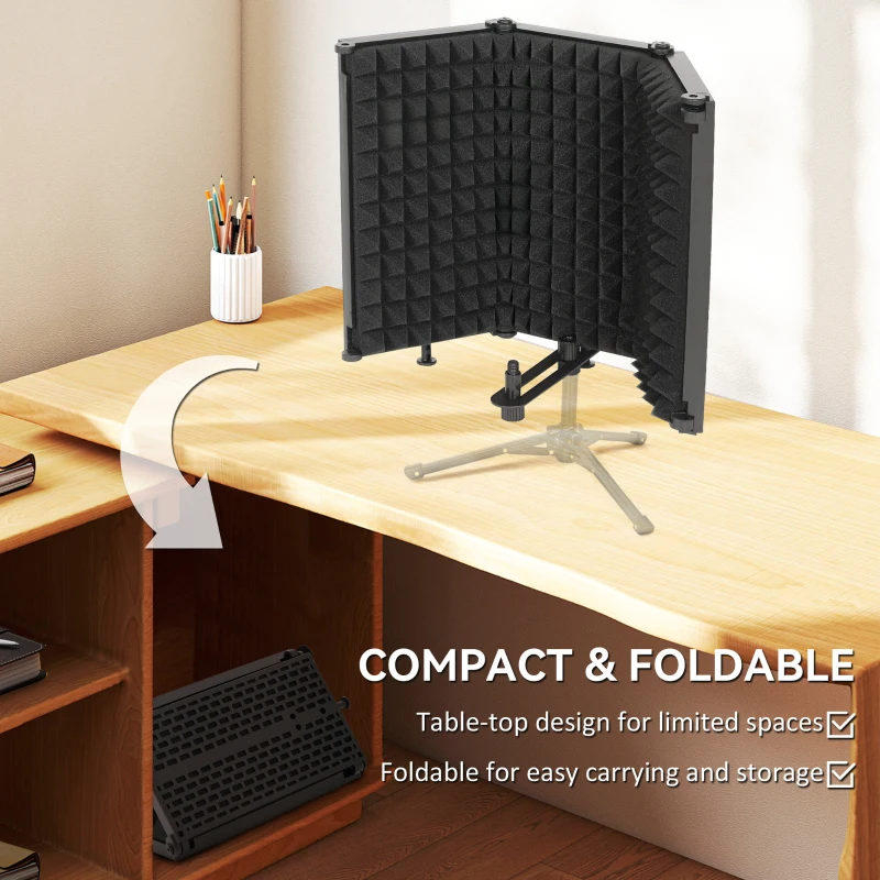 HOMCOM Studio Microphone Isolation Shield, Foldable Adjustable Recording Studio Equipment, 3-Panel High Density Absorbent Foam Shield with 3/8" Threaded Mount, Black