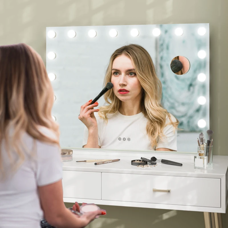 HOMCOM Hollywood Vanity Mirror with Lights, Large 80x62 cm Lighted Makeup Mirror with 3 Colour, 18 LED Bulbs, 10X Magnifying, USB Charging Port, Touch Screen, Tabletop or Wall Mounted Design, White