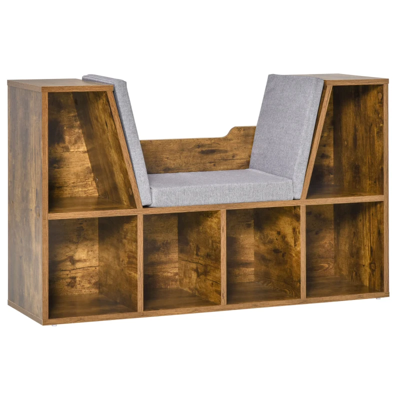 HOMCOM Bookcase Storage Shelf with Cushioned Reading Seat, Cube Bookshelf Organizer for Bedroom Living Room, Rustic Brown