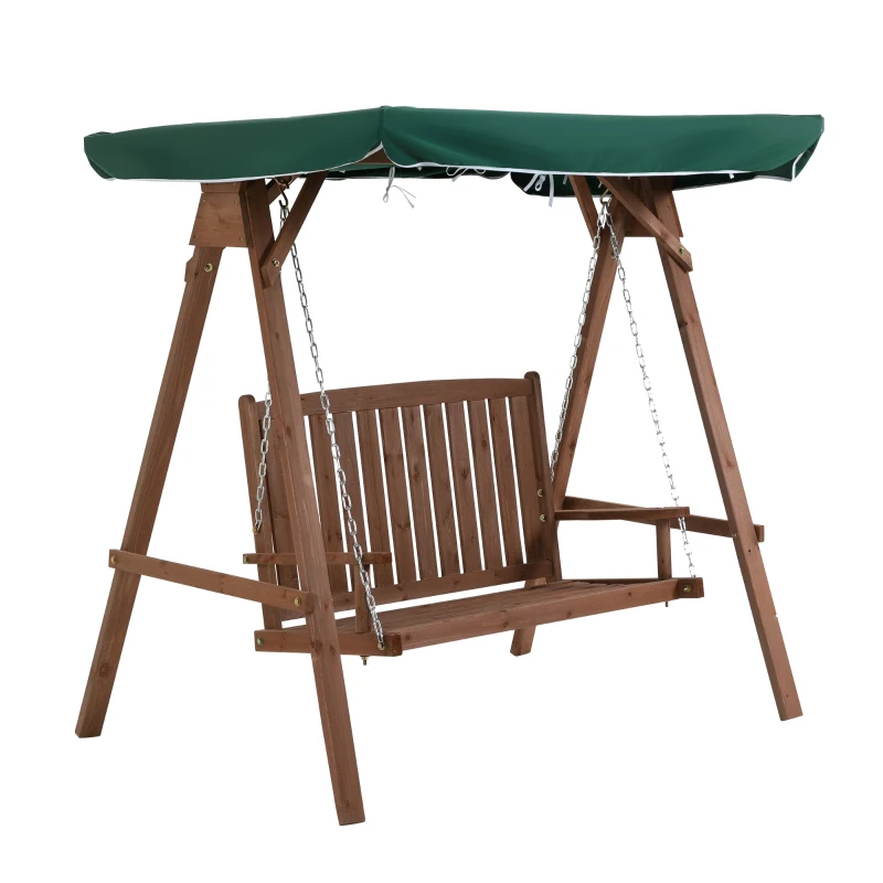 Outsunny Banco Columpio de Jardín de Madera con Dosel Verde 160x120x165 cm Carga 227 kg Balancín para Patio Jardín Terraza Exterior Protección Solar Marrón