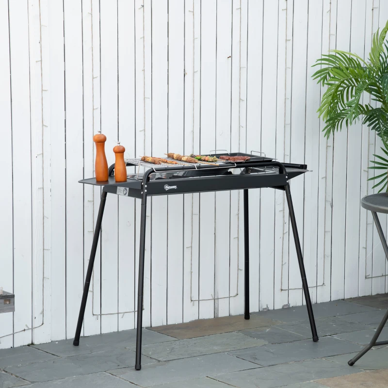 Outsunny Barbecue a Carbonella con Griglia e Piastra in Acciaio con Ripiani Laterali, 113x59x83.5cm, Nero
