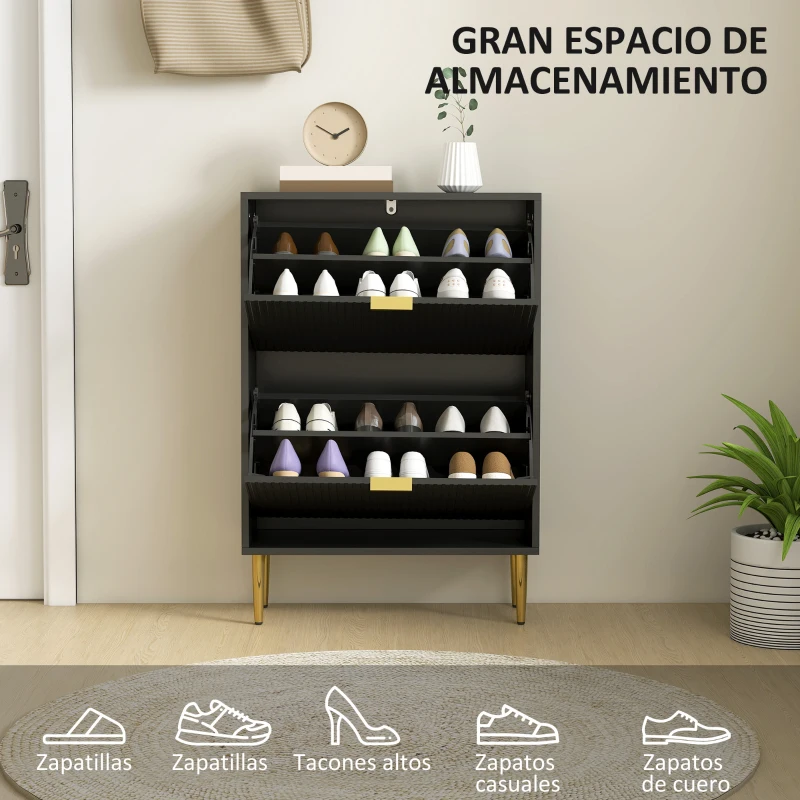 HOMCOM Zapatero Estrecho con 2 Puertas Acanaladas con Estantes Ajustables para 12 Pares de Zapatos 60x24x91,5 cm Negro