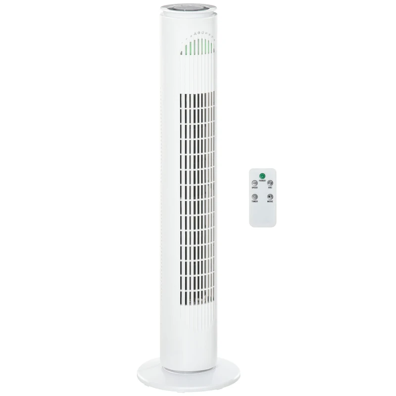 HOMCOM Ventilador de Torre con Mando Temporizador de 10h Oscilación 70° 3 Velocidades y 3 Modos 45W Ø22x77 cm Blanco