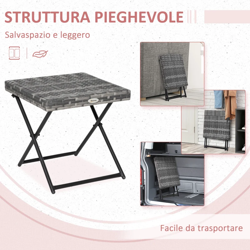 Outsunny Tavolino da Giardino Pieghevole Salvaspazio in Rattan Sintetico e Acciaio, 40x40x40cm, Grigio