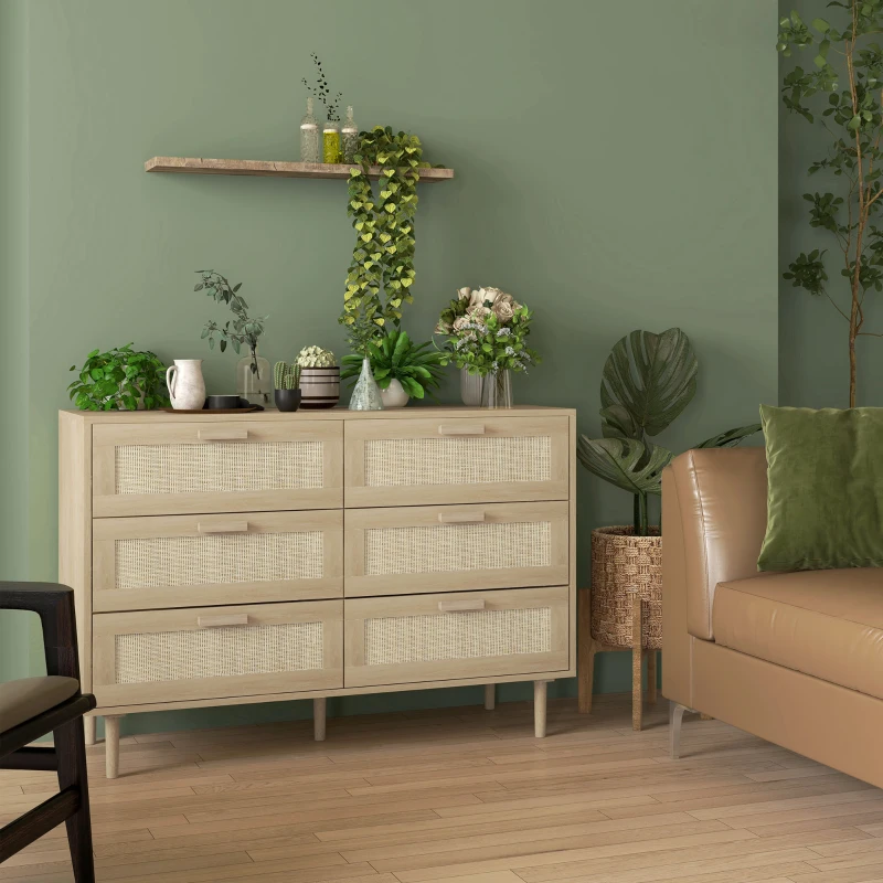 HOMCOM Cómoda para Dormitorio con 6 Cajones con Frontal de Ratán Patas de Madera Cajonera Estilo Bohemio 110x40x75 cm Roble
