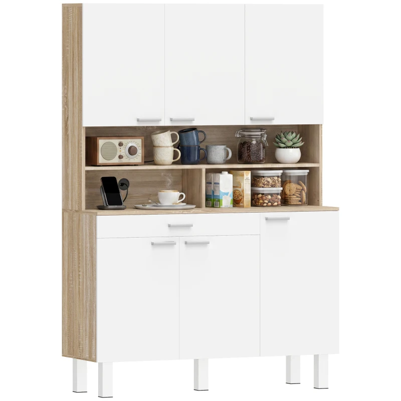 HOMCOM Buffet haut cuisine, armoire de cuisine, 6 portes, tiroir et étagères ouvertes, 120x40x175cm, blanc et bois naturel