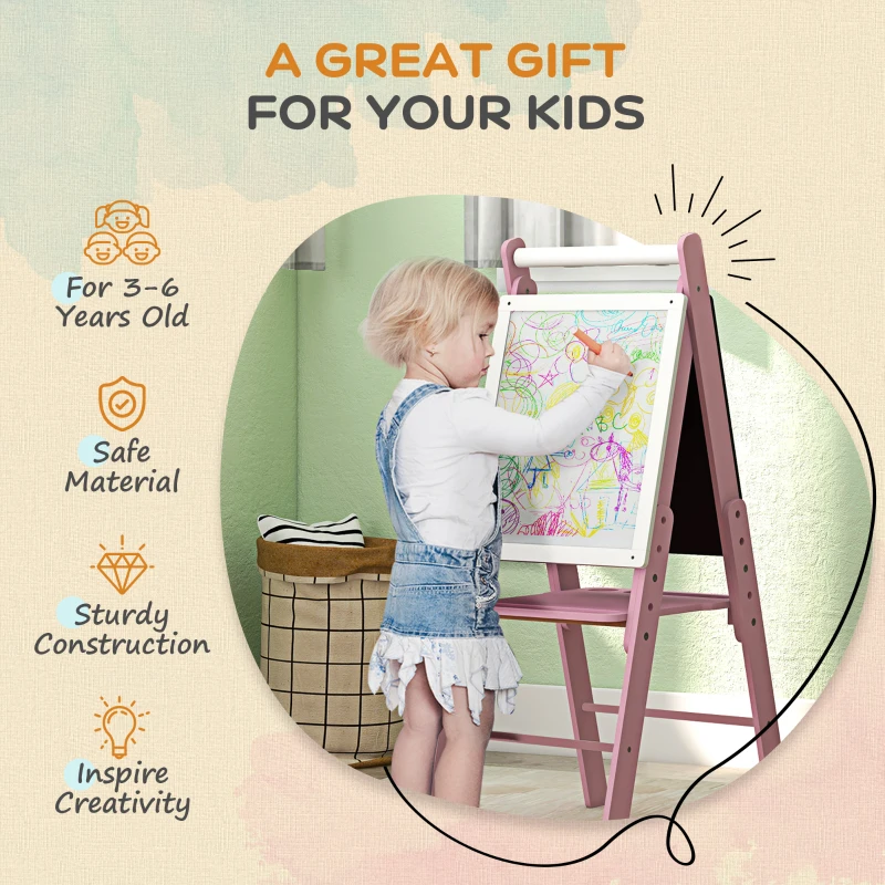 AIYAPLAY Three-In-One Easel for Kids, with Paper Roll, Adjustable Height - Pink