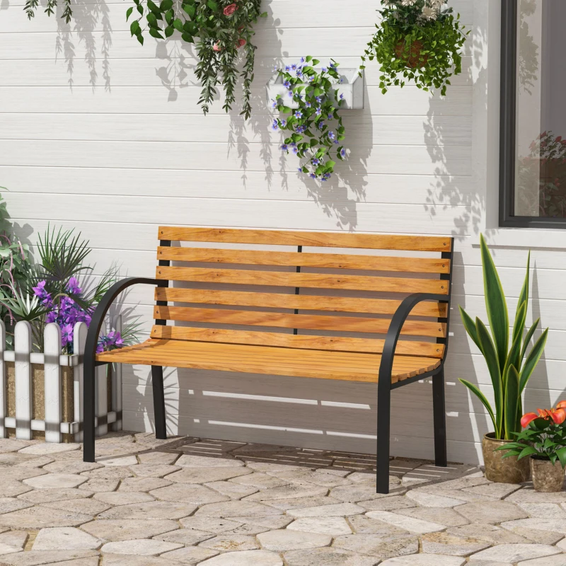 Outsunny Banc de Jardin 2 Places Style Rural Chic Assise Dossier à Lattes Bois Naturel lasuré châssis Acier époxy Noir