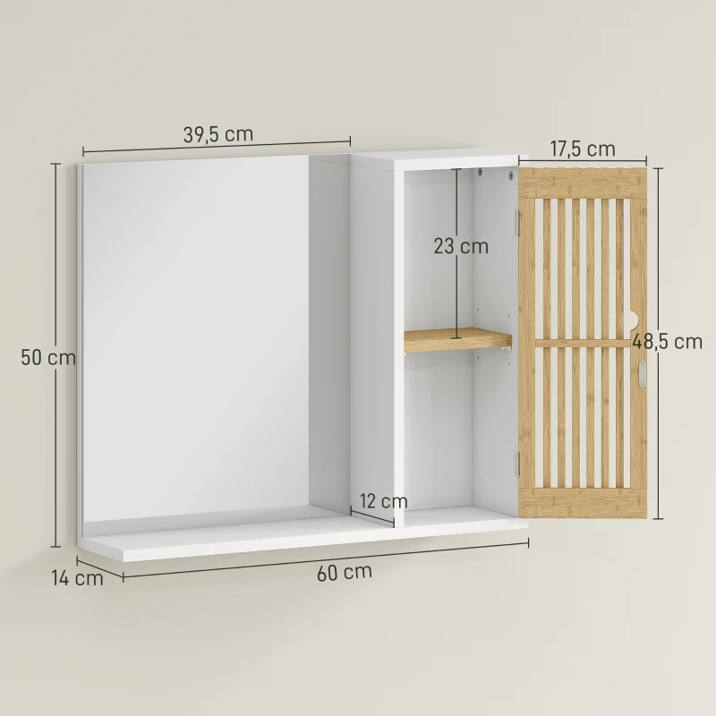 HOMCOM Espejo de Baño 60x50 cm Espejo de Pared con Puerta de Listones de Bambú Estantes de Almacenaje Blanco y Natural