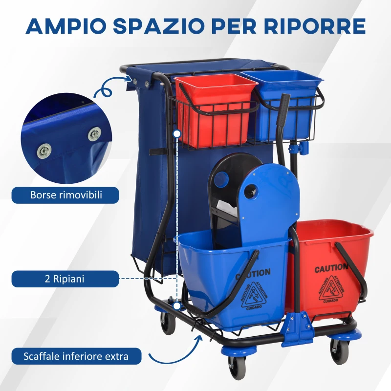 HOMCOM Carrello Pulizie con Sacco per Immondizia, 4 Secchi e Strizzatore per Mocio, 93x80x97 cm, Rosso Blu e Nero
