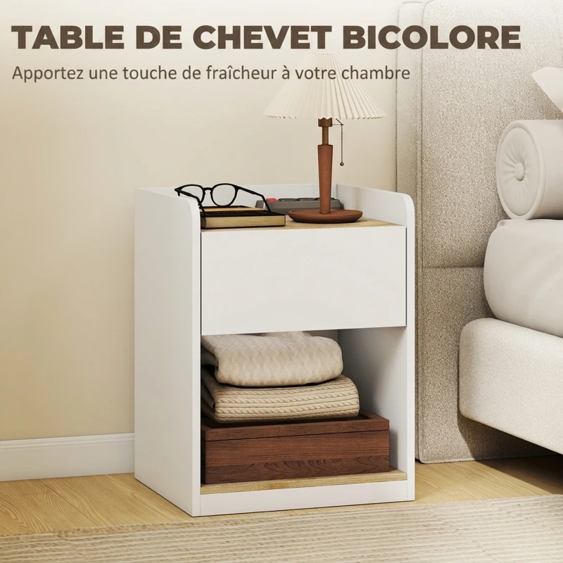 HOMCOM Table de Chevet Moderne, Table de Nuit avec Tiroir à Glissières, Niche, Plateau, Passe-câbles, 42x37x55cm, Blanc Chêne