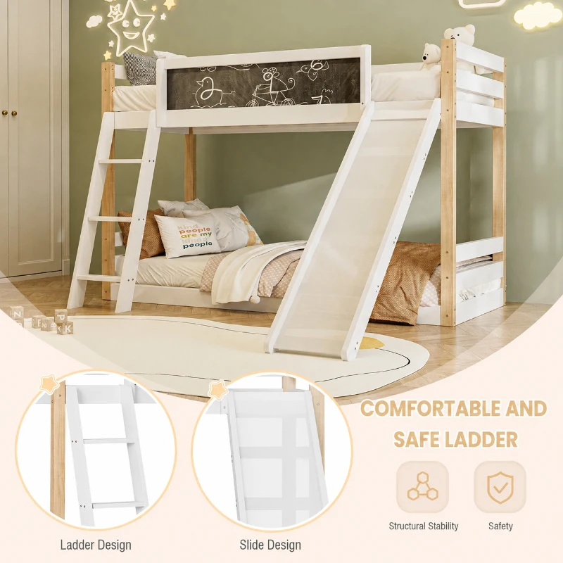 Modern High Sleeper Bunk Bed Frame with Slide and Storage Stairs, Solid Wooden Childrens Loft Bed with Safety Guardrails, 194L x 124W x 148H cm, White