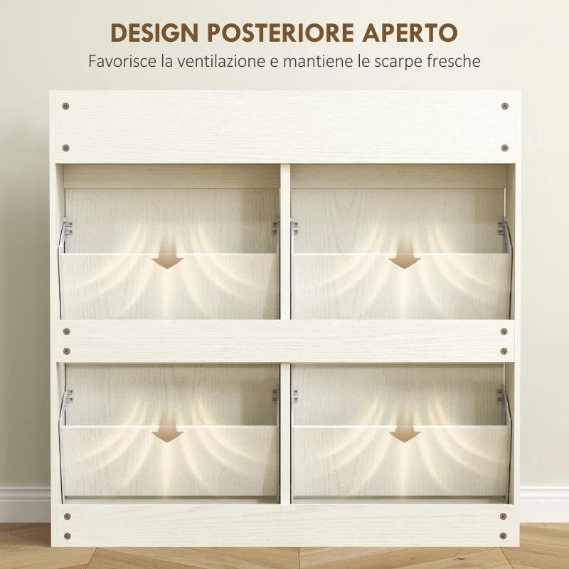 HOMCOM Scarpiera Slim in Legno con 4 Cassetti a Ribalta e 2 Cassetti Scorrevoli, 98x19.2x95.3 cm, Bianco