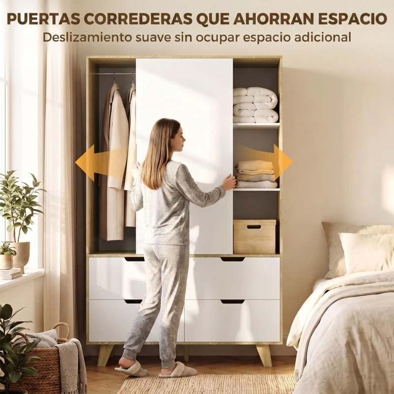 HOMCOM Armario Dormitorio Moderno con Puertas Correderas Barra para Colgar Estantes Ajustables y 4 Cajones Roble y Blanco