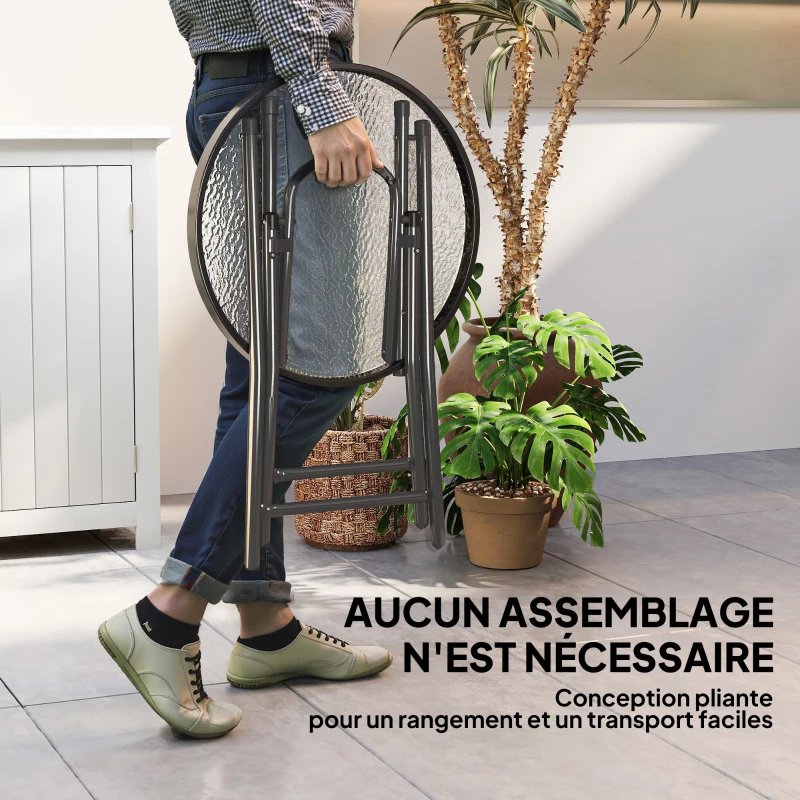 Outsunny Table d'Appoint Ronde Ø 60 x 50 cm, Table Basse de Jardin Pliable en Métal, Plateau en Verre Trempé, Noir