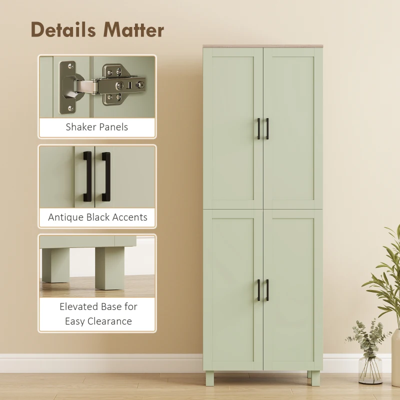 HOMCOM Freestanding Kitchen Cupboard, 4-Door Storage Cabinet with Adjustable Shelves, Modern Kitchen Pantry, 170cm, Green