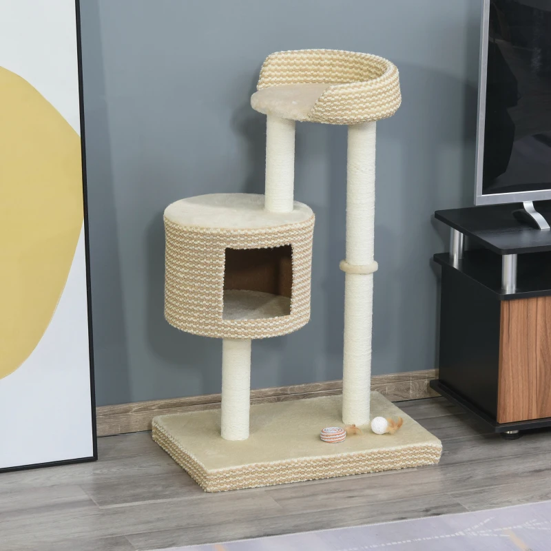 PawHut Albero Tiragraffi per Gatti Multi-livello, 2 Piattaforme, 1 Casetta e Corde in Juta, 61x41x96 cm, Beige