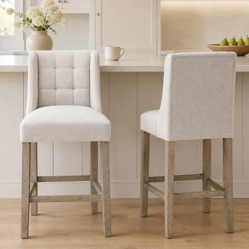 HOMCOM Set di 2 Sgabelli da Bar Moderne, Sedie da Cucina, Sgabelli da Bar per Cucina con Schienale Basso, in Tessuto Effetto Lino, Gambe in Legno della Gomma, 47 x 50 x 101 cm, Beige