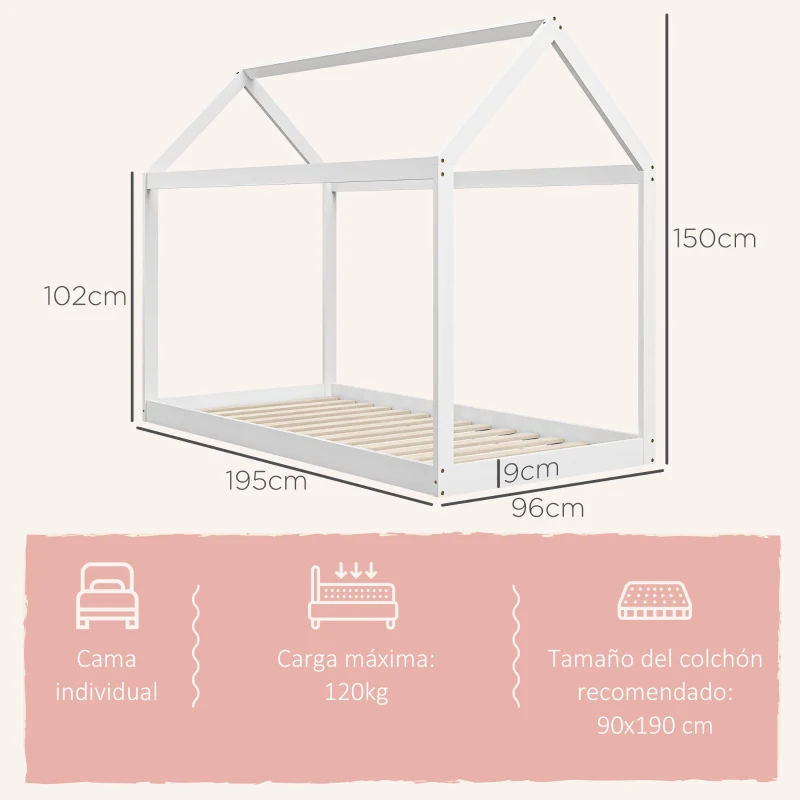 HOMCOM Cama Individual de 90x190 cm Somier de Madera en Forma de Casa Carga 120 kg para Dormitorio Blanco