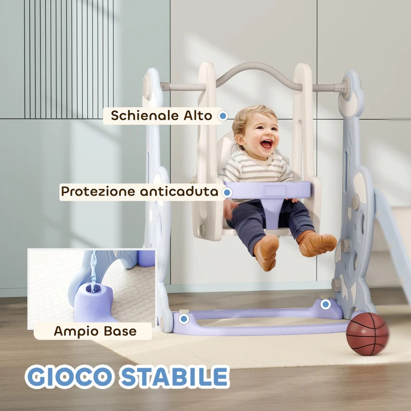 AIYAPLAY Gioco per Bambini 4 in 1 con Scivolo, Altalena, Arrampicata e Canestro, 147.5x160x107 cm, Azzurro Chiaro