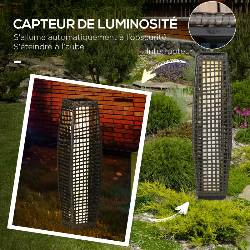 Outsunny Lampe à poser luminaire LED de jardin solaire en résine tressée imitation rotin - 21 x 21 x 78 cm gris