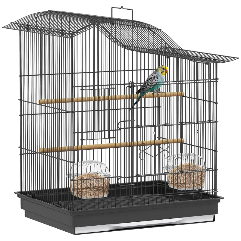 PawHut Cușcă pentru Păsări cu 4 Accesuri, 2 Boluri, 2 Stinghii și Tavă Detașabilă, Volieră din Metal și Plastic, 47,5x36x54,5 cm, Negru