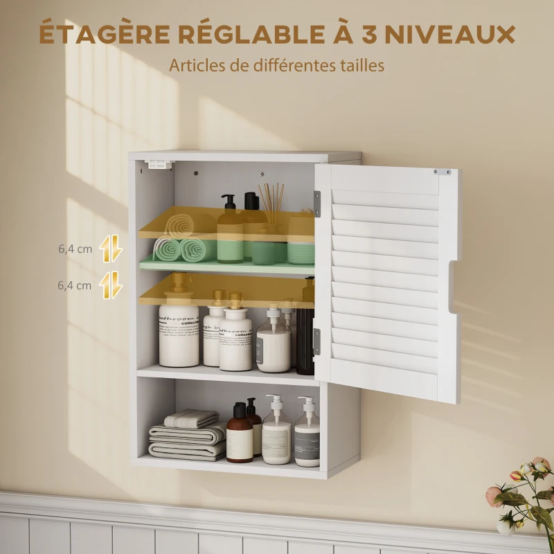 HOMCOM Armoire murale de salle de bain avec porte à lattes, étagère réglable et compartiment ouvert, 40x20x60cm, blanc