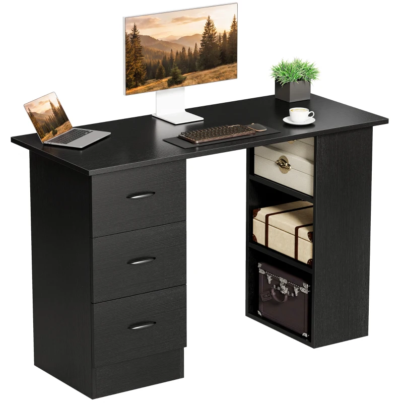 HOMCOM Computer Desk, Writing Table, PC Workstation with 3 Storage Shelves and Drawers, Handle, for Home Office, Black