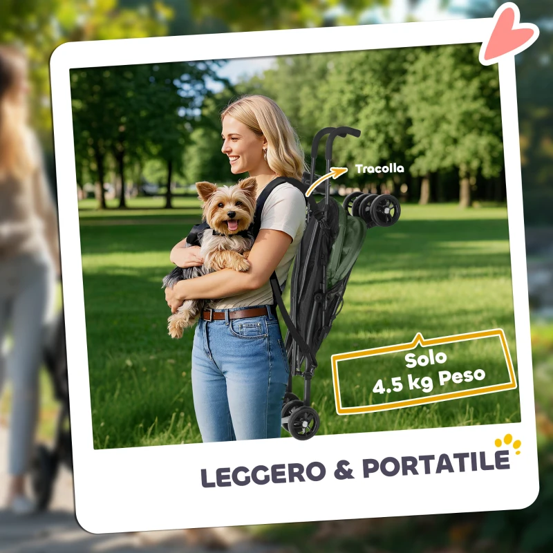 PawHut Passeggino per Cani con 2 Finestre a Rete, in Acciaio e Tessuto Oxford, 76x44x103 cm, Nero e Verde Scuro