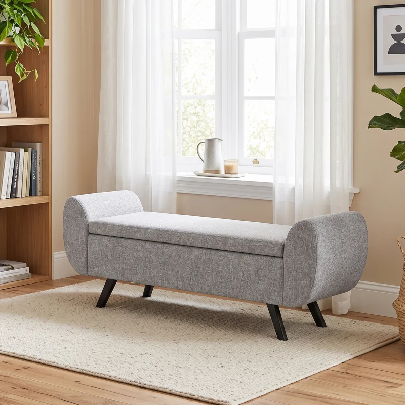 HOMCOM Storage Ottoman with Armrest, Window Seat, Upholstered Linen Storage Bench with Rubberwood Legs, Footstool for Bedroom Living Room, Hallway, Dark Grey