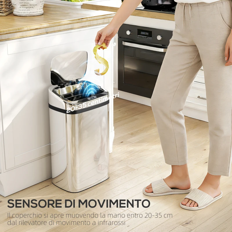 HOMCOM Bidone per Rifiuti da 30L con Sensore per Apertura e Chiusura Automatica, 33x25x57.5 cm, Argento