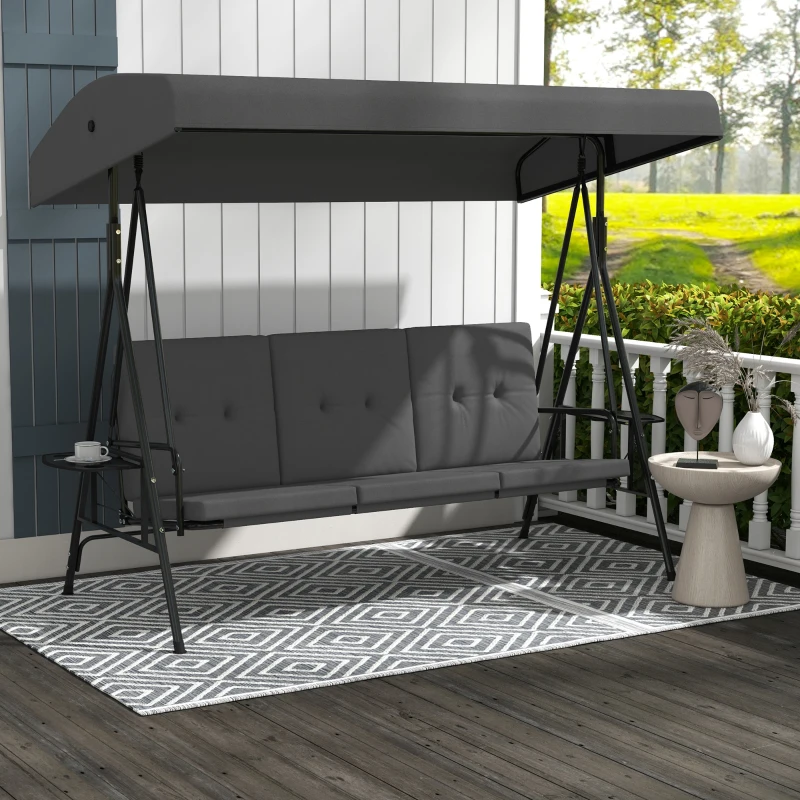 Outsunny Balancelle de jardin 3 places grand confort inclinaison toit réglable, 2 tablettes latérales, coussins, acier polyester