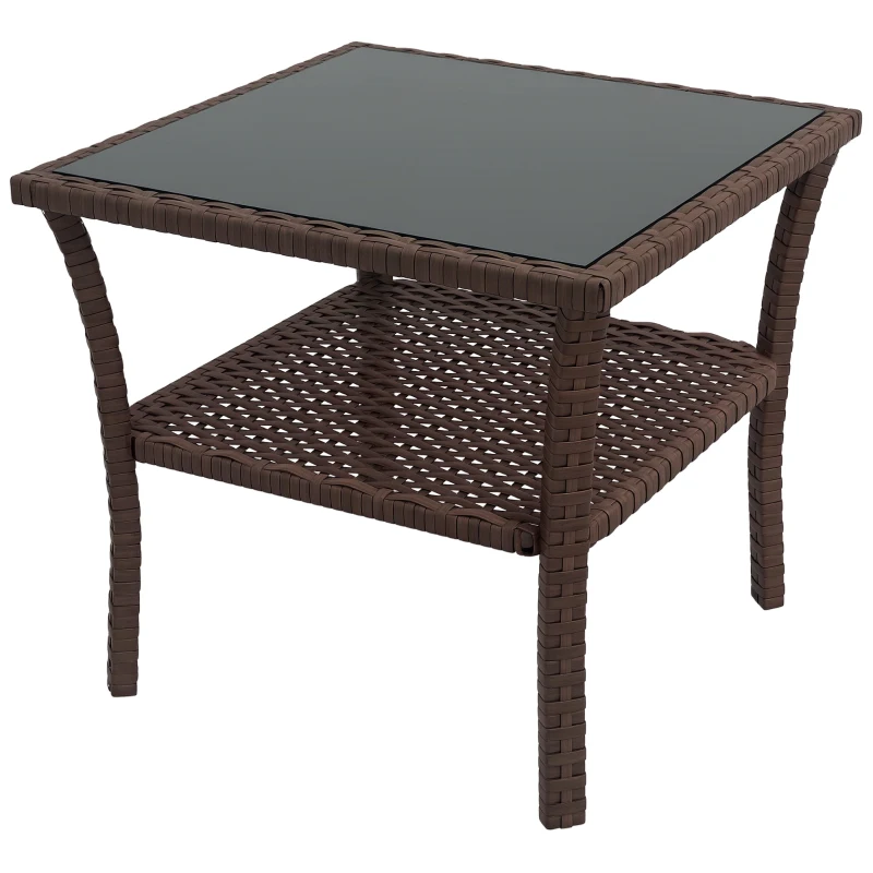 Outsunny Table d'appoint en résine tressée 2 niveaux 50x50x45cm, table basse de jardin carrée plateau en verre trempé, marron