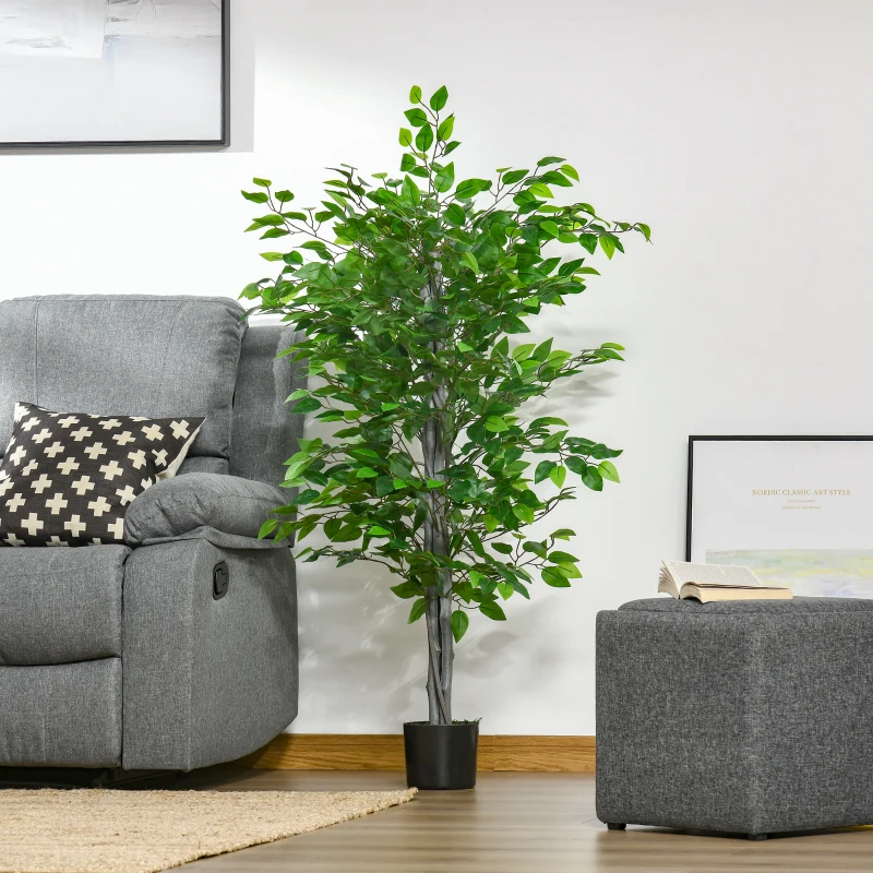 HOMCOM Künstlicher Baum, Ficus-Kunstpflanze, realistisches Aussehen, Zementtopf, 135 cm, pflegeleicht, Kunststoff, Grün